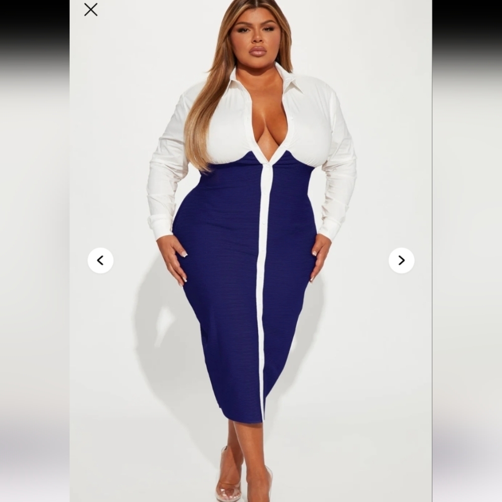 Fashion Nova Let's Get Serious Midi Shirt Dress - Navy Size Large (11/13) (NWT)
